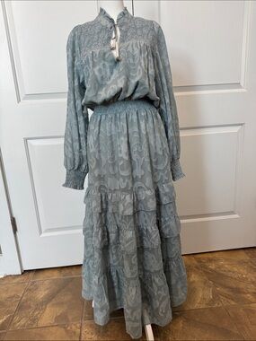 Aqua Dusty Blue Ruffled Tiered Maxi Dress